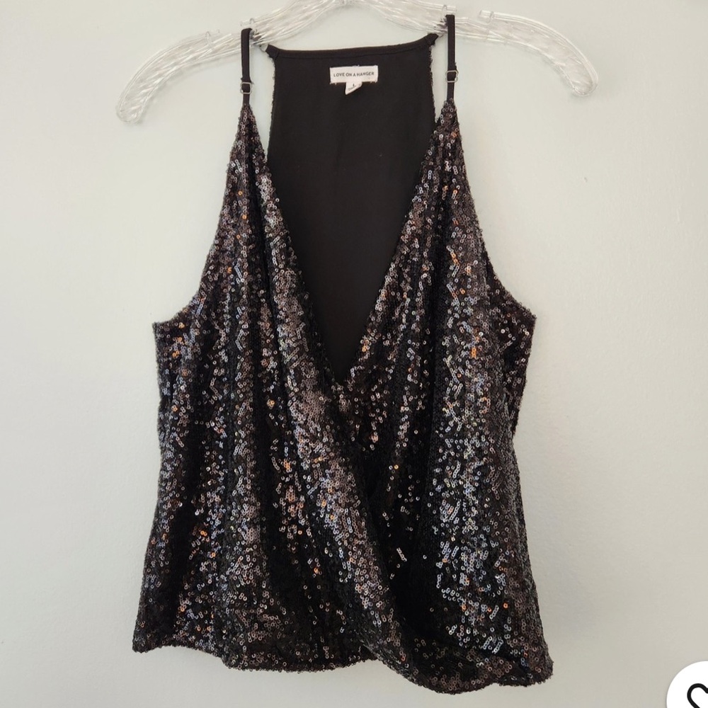 Love on a Hanger Black Sequin V neck Camisole Faux Wrap Blouse Large